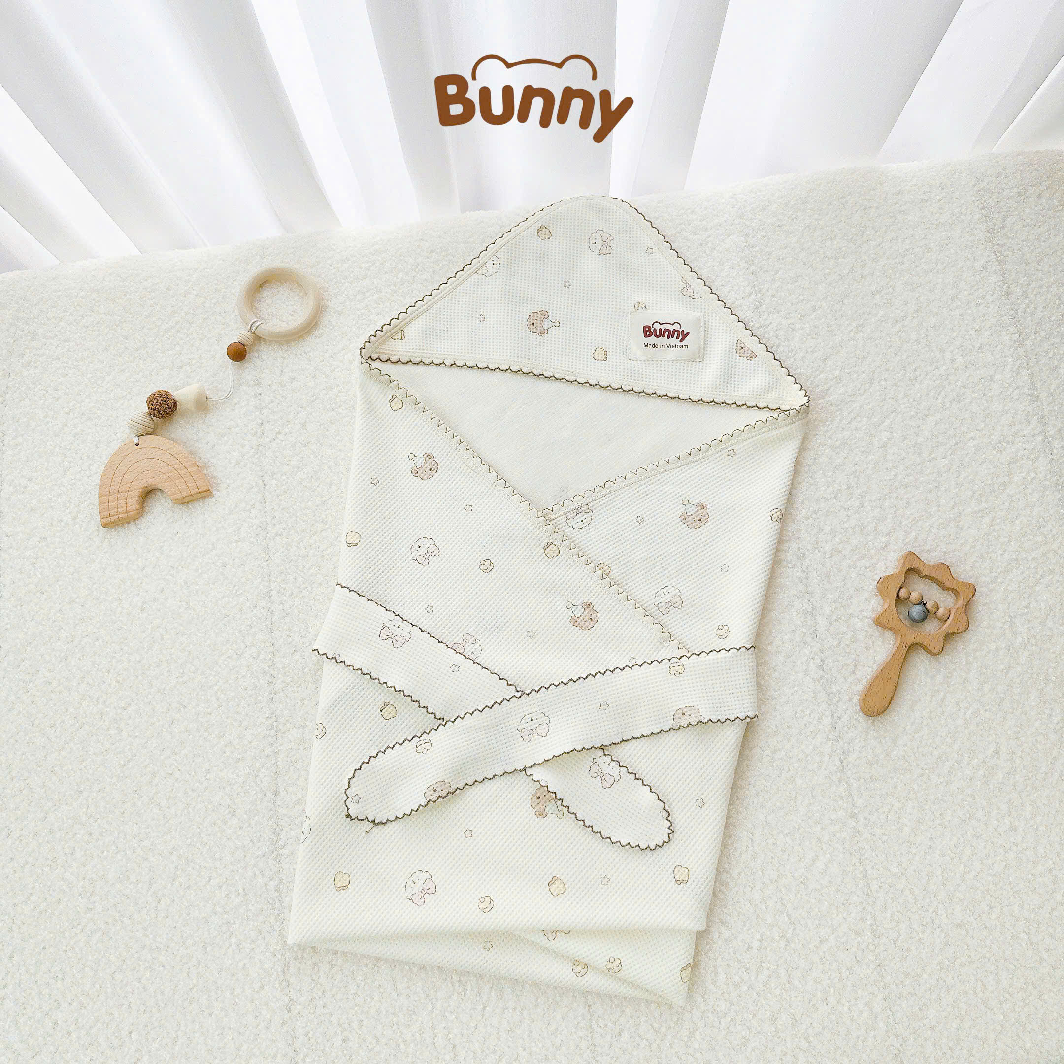 Ủ choàng cho bé vải Waffle sợi tre cao cấp Bunny dày dặn, thấm hút tốt, kháng khuẩn tự nhiên