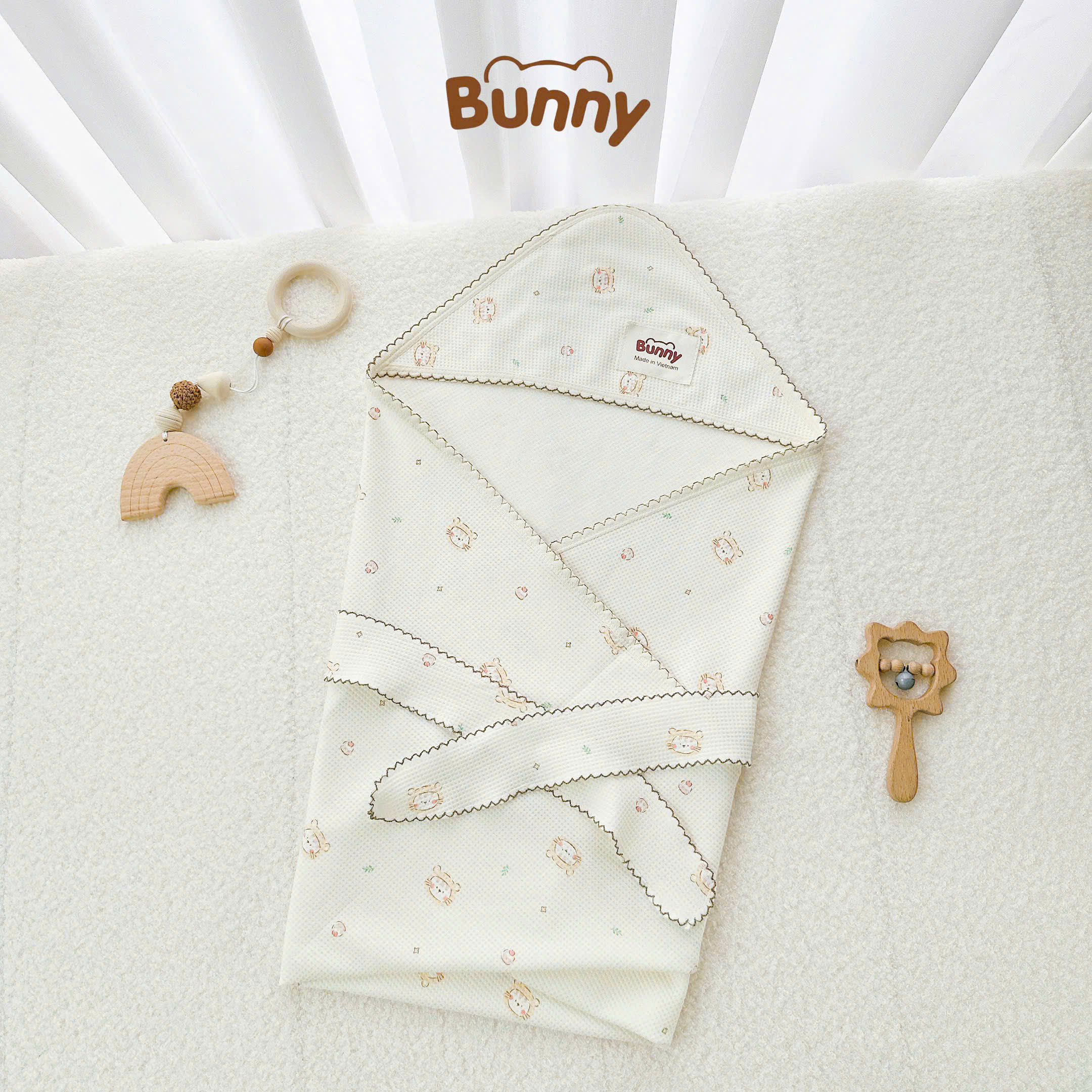 Ủ choàng cho bé vải Waffle sợi tre cao cấp Bunny dày dặn, thấm hút tốt, kháng khuẩn tự nhiên