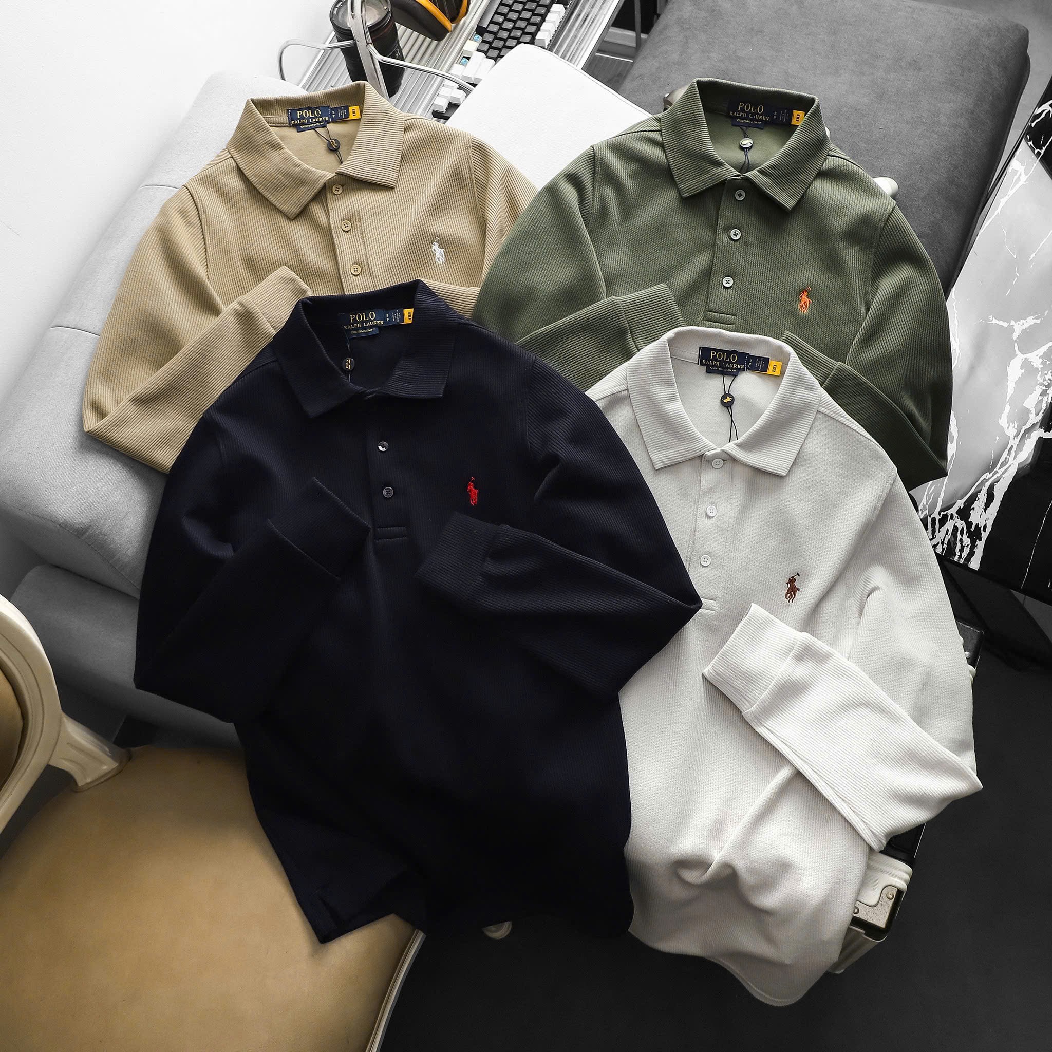 Áo Polo Dài Tay Ralp Lauren Trơn, Form Slim Fit, Chất liệu cotton dệt vân tăm, Hàng VNXK - PR81