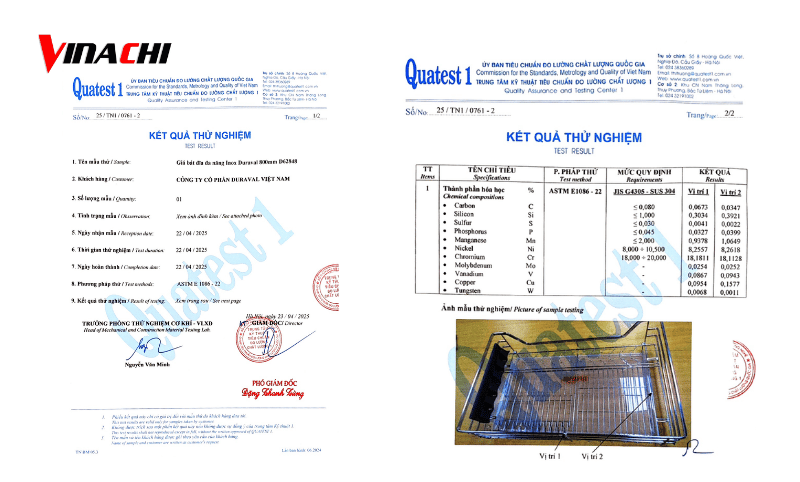 Các chỉ số chứng nhận sản phẩm của Duraval được chế tạo từ inox 304 thật, không pha tạp