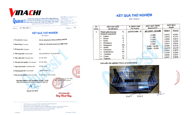 Bảng kết quả kiểm định từ Quatest 1 xác nhận thành phần của sản phẩm hoàn toàn đạt chuẩn inox 304