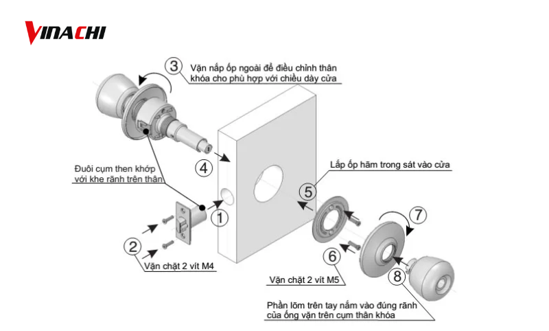 Lắp cụm then và thân khoá vào cửa