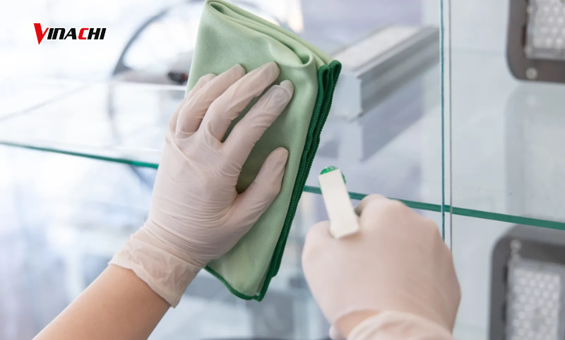 Làm sạch keo dán bám trên kính với dung dịch tẩy keo