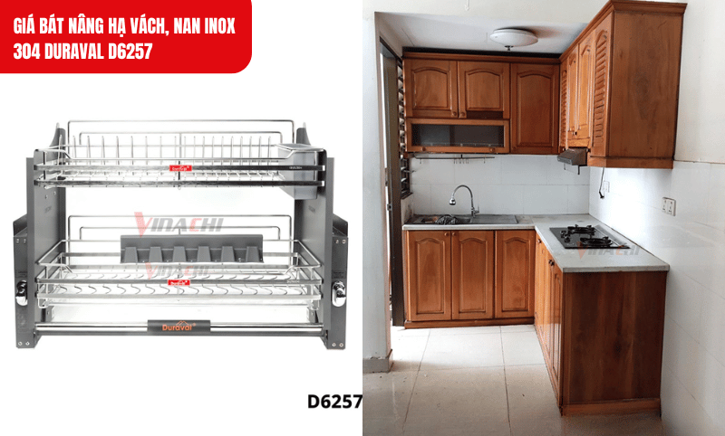 Giá bát nâng hạ vách, nan inox 304 Duraval D6257 có thể lắp vào tủ bếp cũ nếu đáp ứng kích thước tối thiểu của giá bát