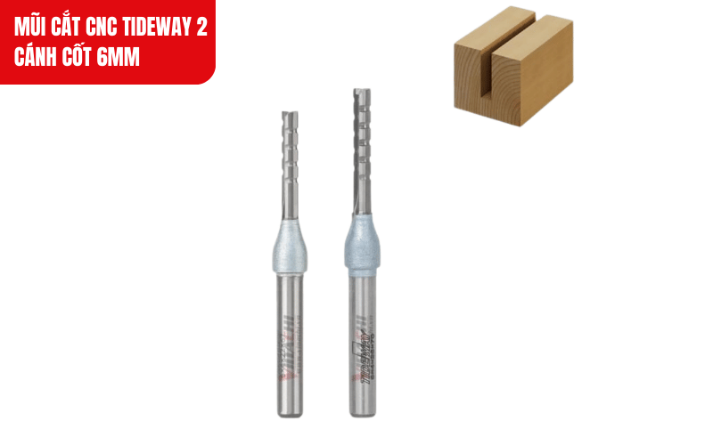 Mũi cắt CNC Tideway 2 cánh cốt 6mm, chất liệu hợp kim nguyên khối cho độ bền và sắc bén vượt trội