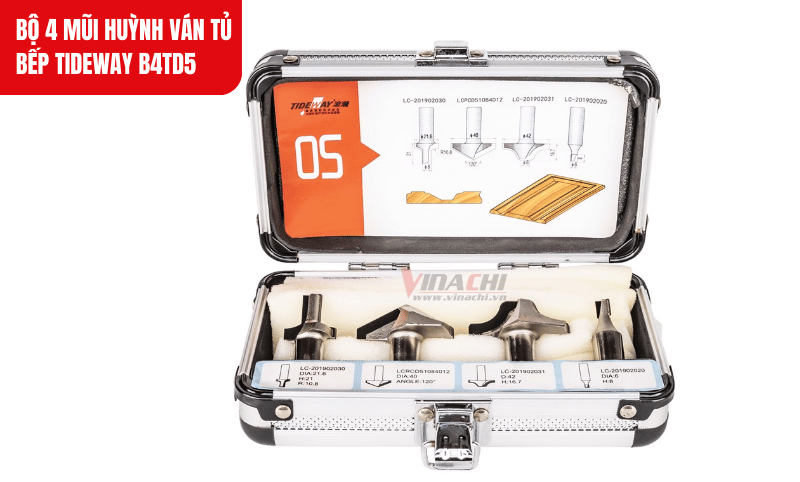 Bộ 4 mũi huỳnh ván Tideway B4TD5 giúp gia công tủ bếp chính xác với các rãnh, bo mép, vát cạnh và lấy nền