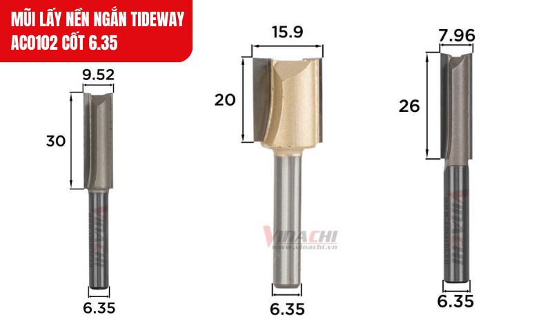 Mũi lấy nền ngắn Tideway AC0102 cốt 6 đa dạng kích thước, phù hợp để tạo nhiều chi tiết gỗ khác nhau