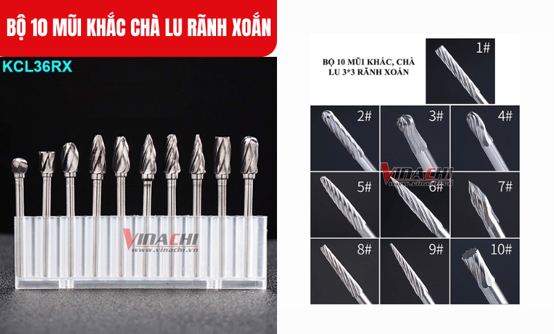 Bộ 10 mũi bao gồm nhiều kiểu đầu mũi hình trụ, nón, nấm, cầu, oval