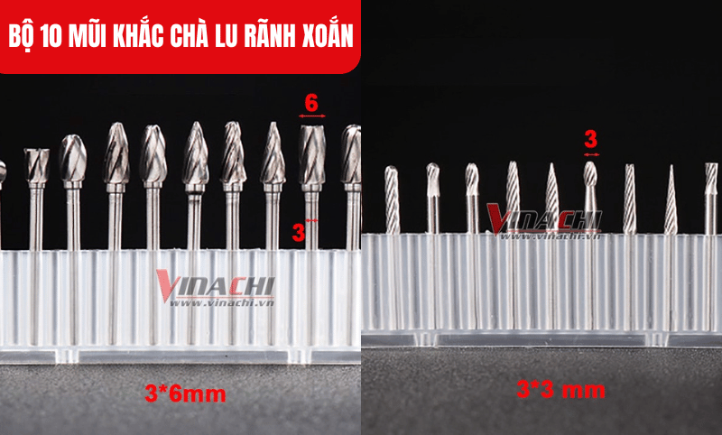 Kích thước chi tiết của sản phẩm Bộ 10 mũi khắc chà lu rãnh xoắn