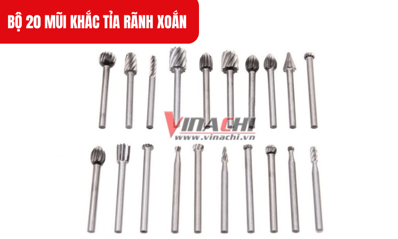 Tùy thuộc vào vật liệu và mục đích sử dụng chọn mũi khắc có hình dạng và kích thước thích hợp từ bộ 20 mũi