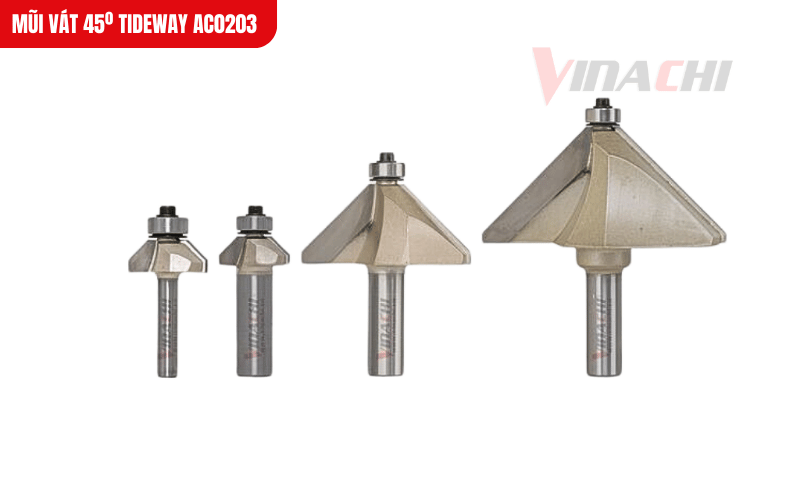 Lưỡi hợp kim cao cấp cắt mượt mà trên gỗ cứng, đảm bảo đường vát 45º chính xác, không xước bề mặt
