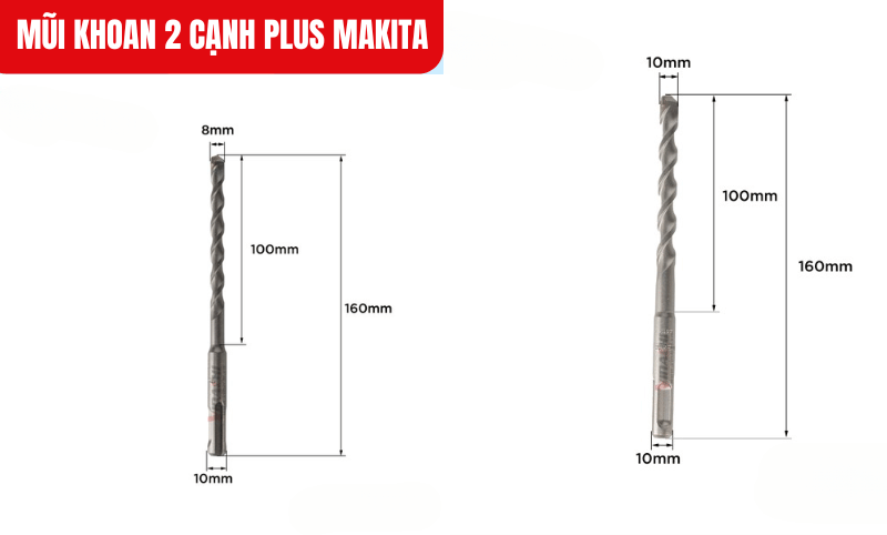 Kích thước chi tiết của sản phẩm Mũi khoan 2 cạnh Plus Makita