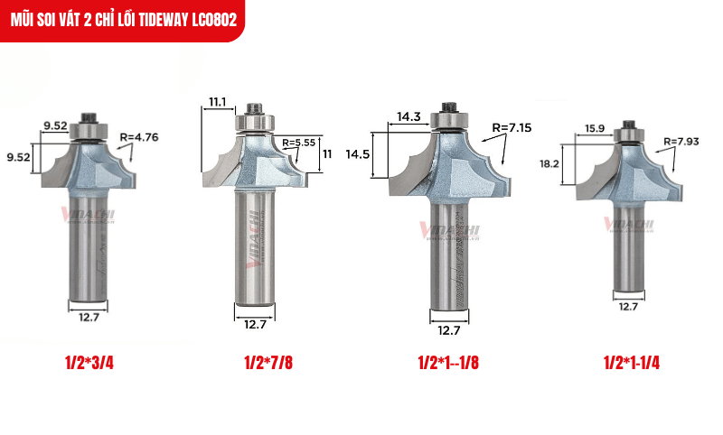 Mũi soi vát 2 chỉ lồi Tideway LC0802 đa dạng kích thước, từ 1/45/8 đến 1/21-1/4, đáp ứng mọi nhu cầu soi gỗ