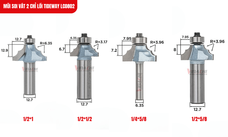 Kích thước chi tiết của các phân loại mũi soi vát 2 chỉ lồi Tideway LC0802