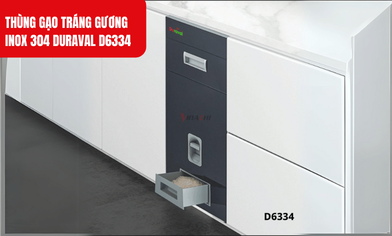 Chất liệu inox 304 bền bỉ, chống gỉ sét, đảm bảo an toàn và dễ dàng vệ sinh cho thùng gạo Duraval D6334