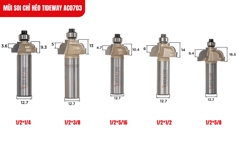 Mũi soi chỉ héo Tideway AC0703 có 5 kích thước khác nhau, áp ứng mọi nhu cầu gia công nội thất chuyên nghiệp