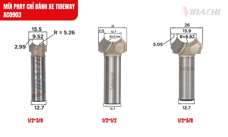 Kích thước chi tiết của một số phân loại mũi phay chỉ bánh xe Tideway AC0903