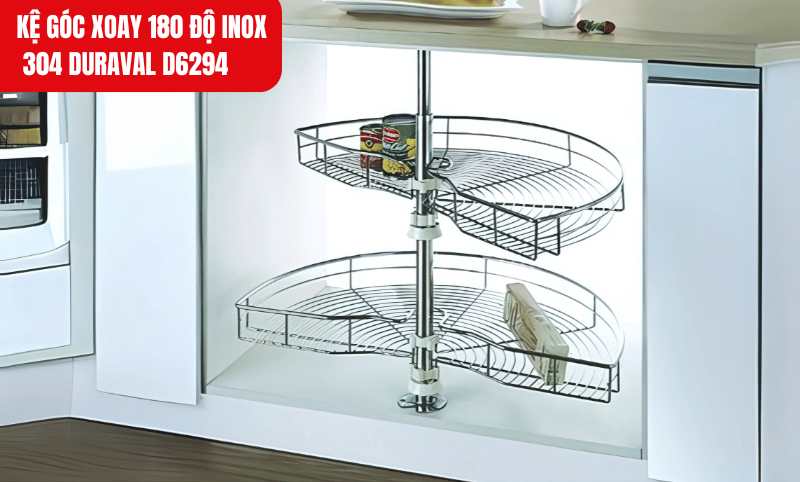 Kệ góc xoay 180 độ inox 304 Duraval D6294 thiết kế xoay linh hoạt, tiện dụng