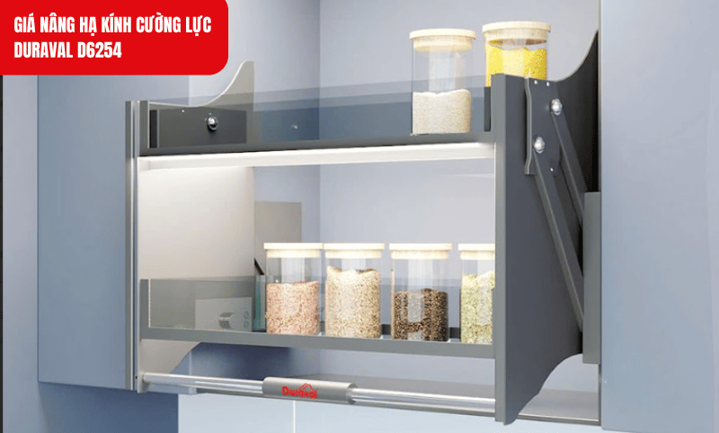 Lắp đặt giá nâng hạ kính cường lực hỗ trợ lưu trữ các chai lọ, hũ gia vị với khả năng chịu tải lên đến 20kg