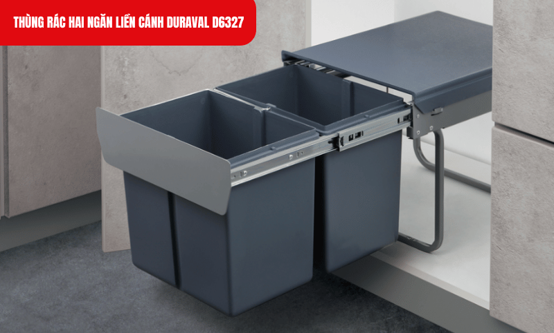 Thùng rác Duraval D6327 lắp đặt âm tủ bếp dưới, tiết kiệm không gian và mang lại vẻ thẩm mỹ cho căn bếp