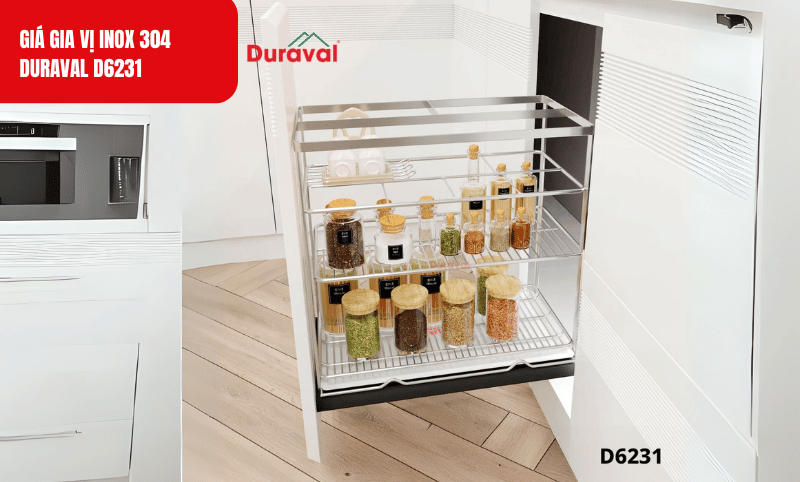 Thiết kế tinh tế với ray trượt giảm chấn giúp giá gia vị Duraval hoạt động êm ái