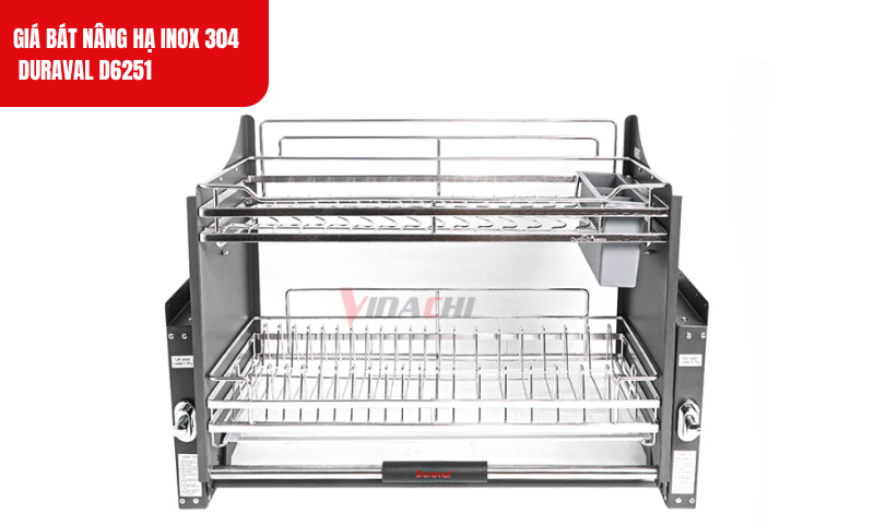 Giá bát nâng hạ inox 304 Duraval với thiết kế thông minh giúp dễ dàng lấy và cất bát đĩa
