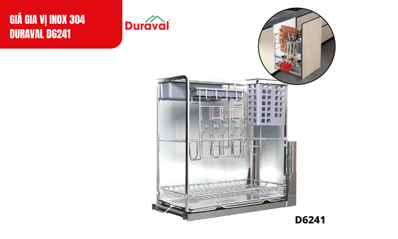 Giá dao thớt Duraval với thiết kế sang trọng, chất liệu inox 304 sáng bóng và các khay nhựa tiện dụng