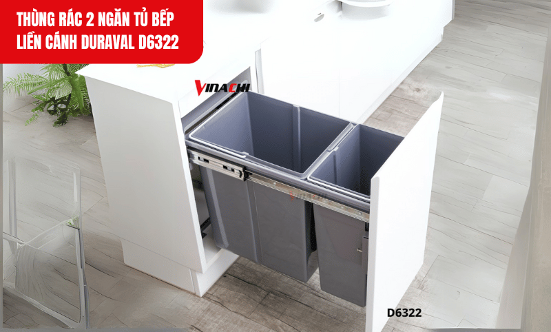 Thùng rác 2 ngăn Duraval D6322 lắp đặt gọn gàng trong tủ bếp mang lại sự tiện lợi và thẩm mỹ