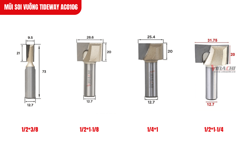 Mũi soi có 4 kích thước khác nhau, phù hợp để tạo các rãnh vuông có độ rộng khác nhau