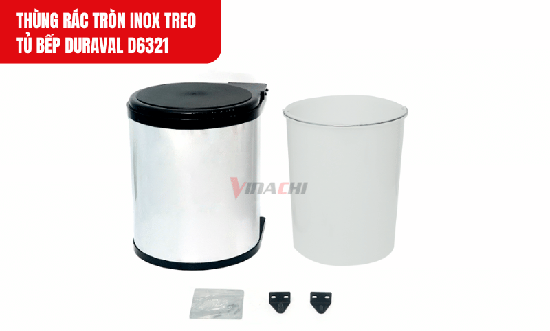 Vỏ ngoài của thùng rác Duraval D6321 làm từ inox 201 chống gỉ, giúp sản phẩm luôn sáng bóng và dễ dàng vệ sinh