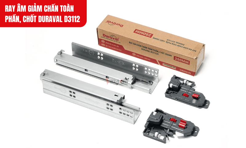 Một bộ Ray âm giảm chấn toàn phần, chốt Duraval D3112 gồm có ray trái và ray phải, khóa cam trái và khóa cam phải