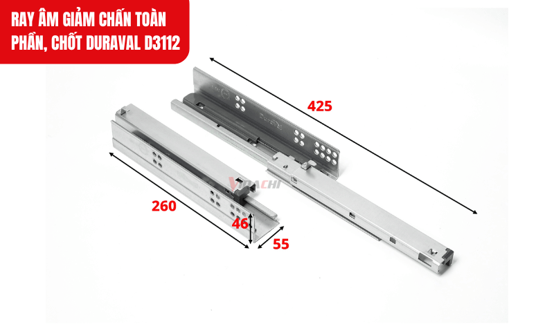 Kích thước chi tiết của sản phẩm Ray âm giảm chấn toàn phần, chốt Duraval D3112