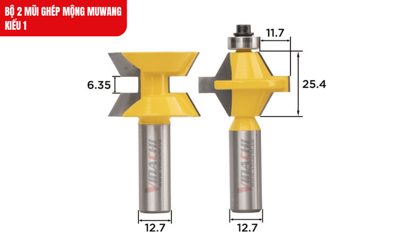Bộ 2 mũi ghép mộng Muwang kiểu 1 với lưỡi hợp kim sắc bén, đảm bảo gia công mộng chính xác trên gỗ cứng