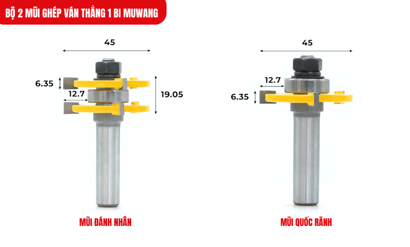 Bộ 2 mũi ghép ván thẳng 1 bi Muwang với lưỡi hợp kim sắc bén, đảm bảo tạo rãnh chính xác cho gỗ dày 9-19mm