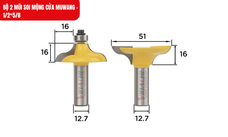 Mũi đánh mộng kích thước 51x16mm và mũi soi cạnh 44.5x16mm giúp đánh mộng và soi cánh cửa, tủ với độ chính xác cao