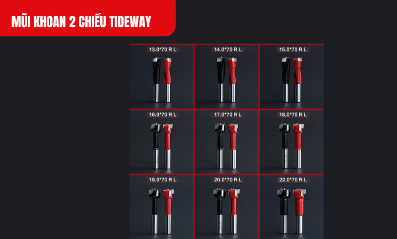 Kích thước chi tiết các mã 13-22*70R của Mũi khoan 2 chiều Tideway