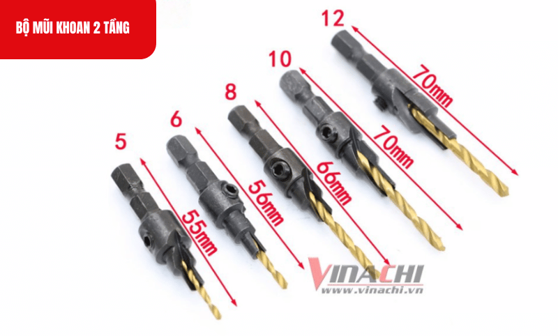 Kích thước chi tiết của sản phẩm Bộ mũi khoan 2 tầng