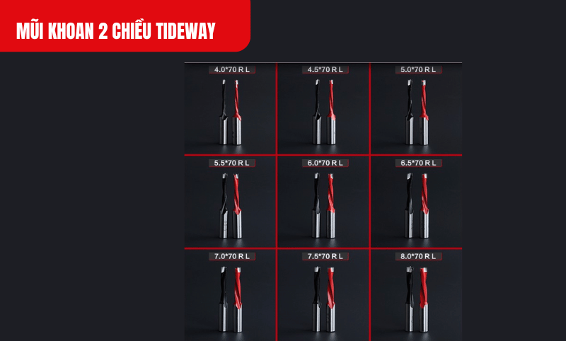 Kích thước chi tiết các mã 4-8*70R của Mũi khoan 2 chiều Tideway