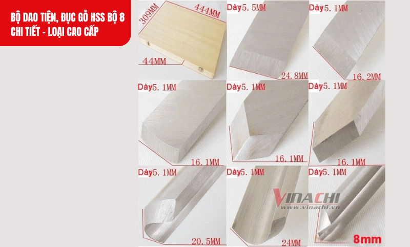 Kích thước chi tiết Bộ dao tiện, đục gỗ HSS bộ 8 chi tiết - loại cao cấp