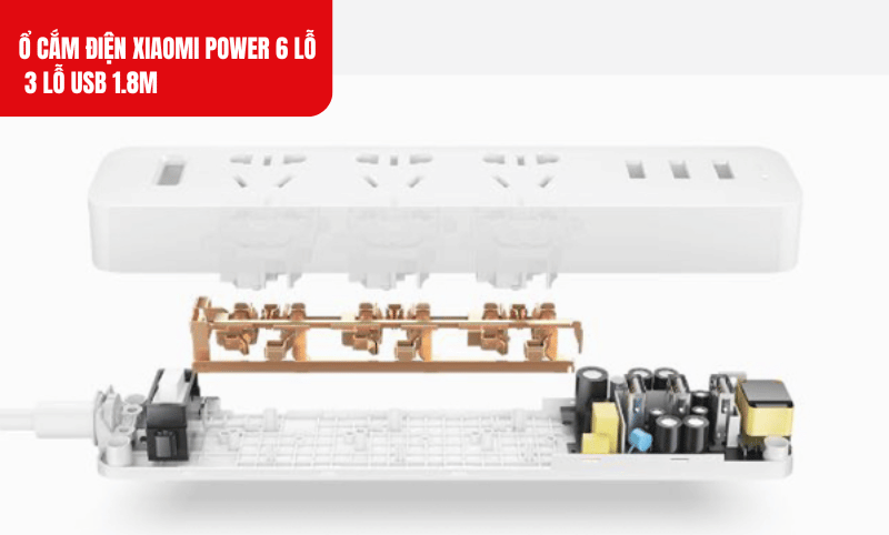 Ổ Cắm Điện Xiaomi power 6 lỗ 3 lỗ USB 1.8M vỏ nhựa chống cháy, ruột đồng nguyên chất