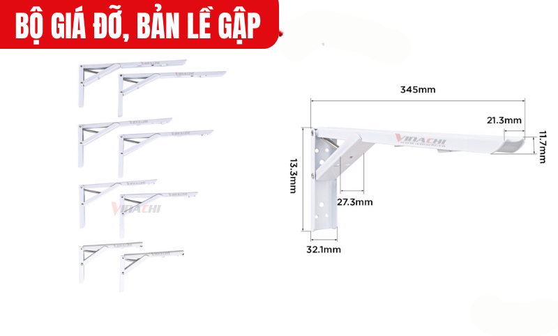 Kích thước chi tiết của Bộ giá đỡ, bản lề gập mã 14 inch