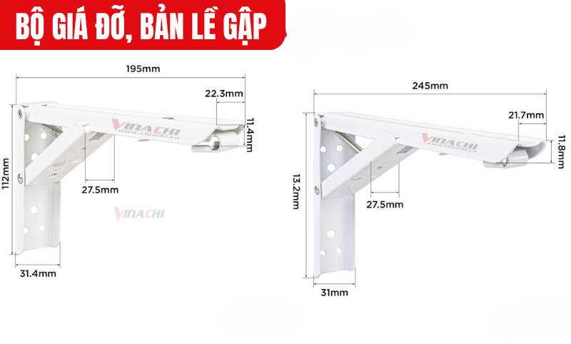 Kích thước chi tiết của Bộ giá đỡ, bản lề gập mã 8 inch và 10 inch
