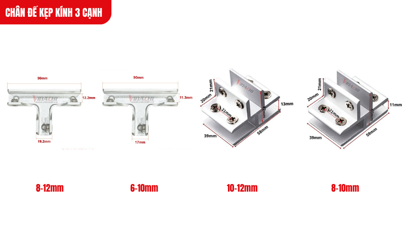 Chân đế kẹp kính 3 cạnh có 4 kích thước khác nhau, ứng dụng linh hoạt cho nhiều loại kính