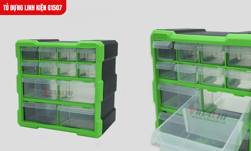 Tủ thiết kế 12 ngăn kéo (4 lớn, 8 nhỏ) giúp phân loại linh kiện khoa học, dễ dàng tìm kiếm