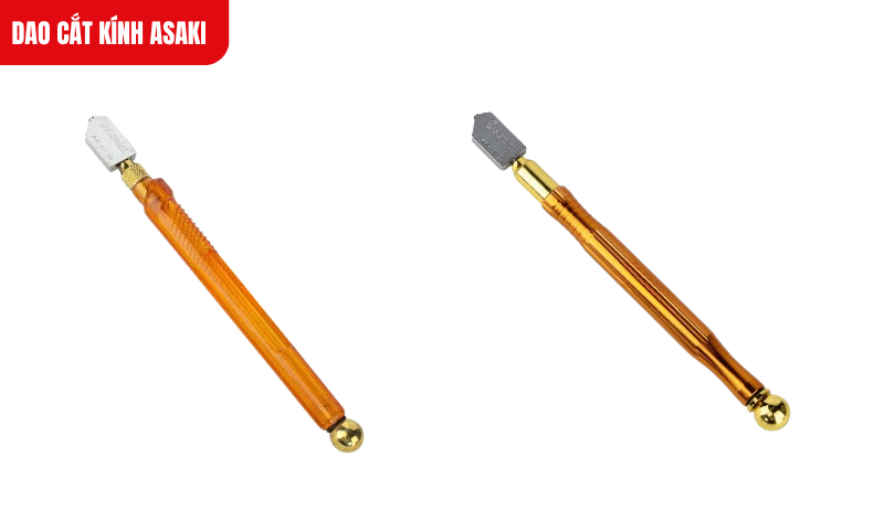 Dao cắt kính Asaki có lưỡi dao vonfram sắc bén, đầu xoay 360°, cắt kính dày 3–19mm, cán siêu bền dễ thao tác.
