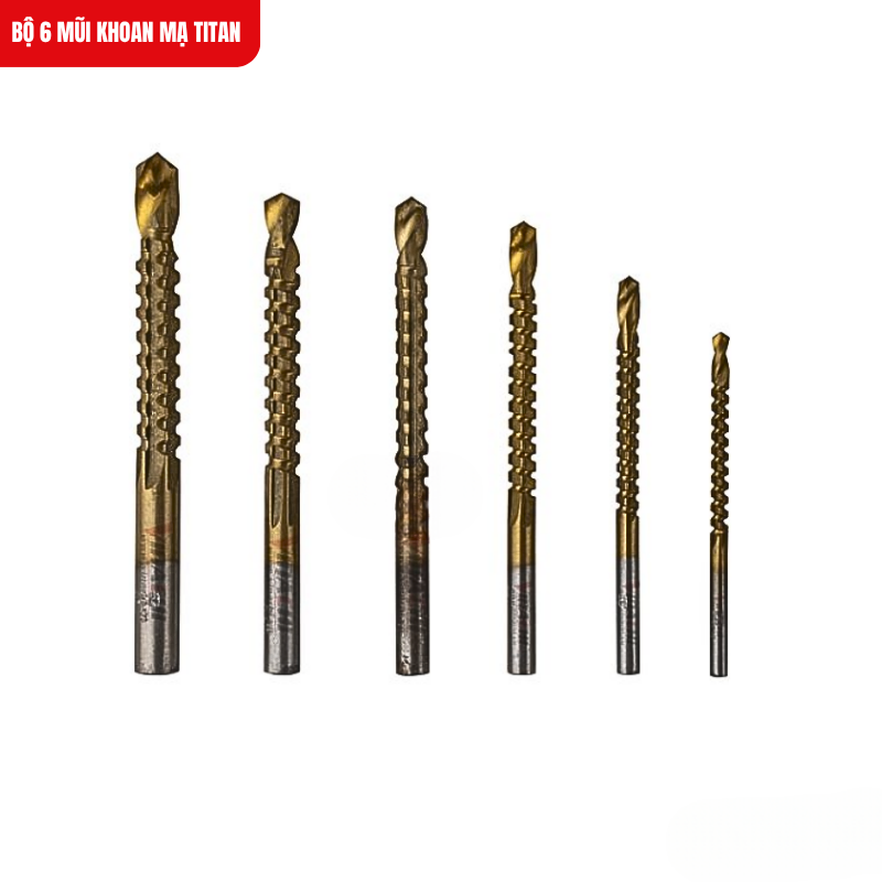 Bộ 6 mũi khoan mạ Titan chất liệu thép gió HSS 4241 sắc bén, bền bỉ, khoan đa vật liệu chuẩn xác, không lo kẹt mũi.