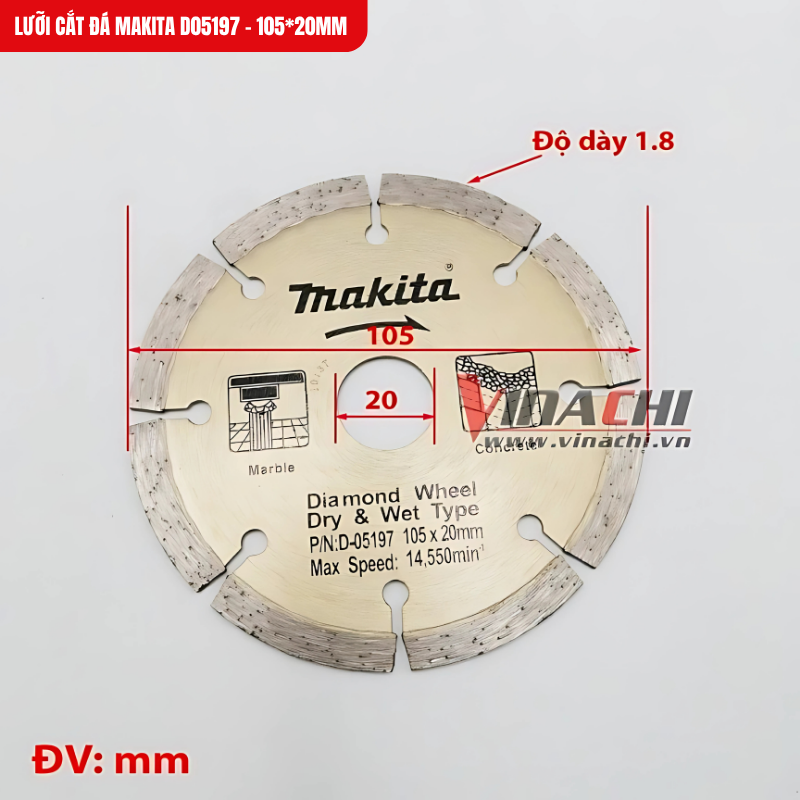 Lưỡi cắt Makita D05197 có đường kính 105mm, dễ dàng lắp đặt trên các dòng máy cắt phổ biến