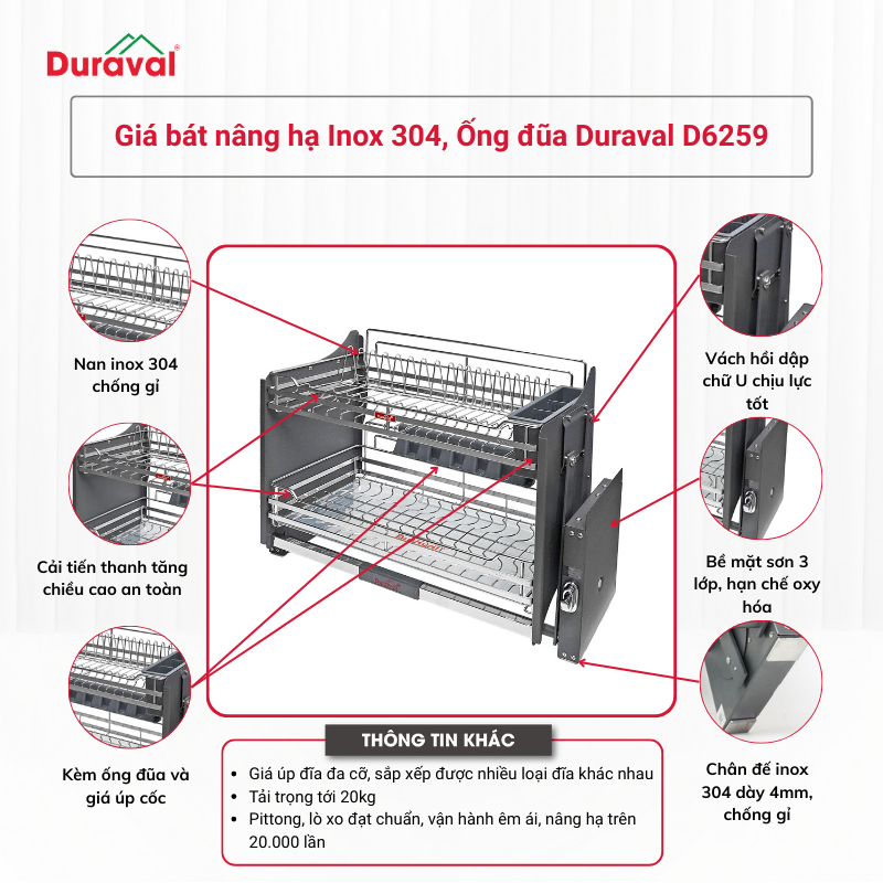 Giá bát nâng hạ inox 304, Ống đũa Duraval D6259