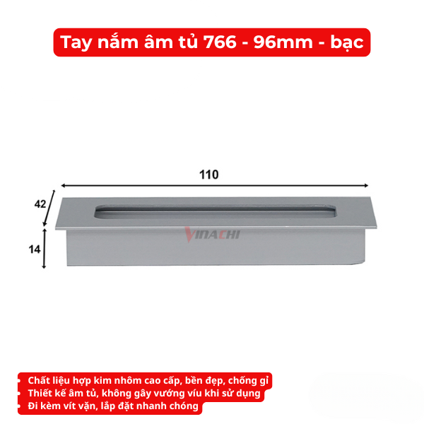 Tay nắm âm tủ 766 - 96mm - bạc được làm từ hợp kim nhôm cao cấp, chống gỉ