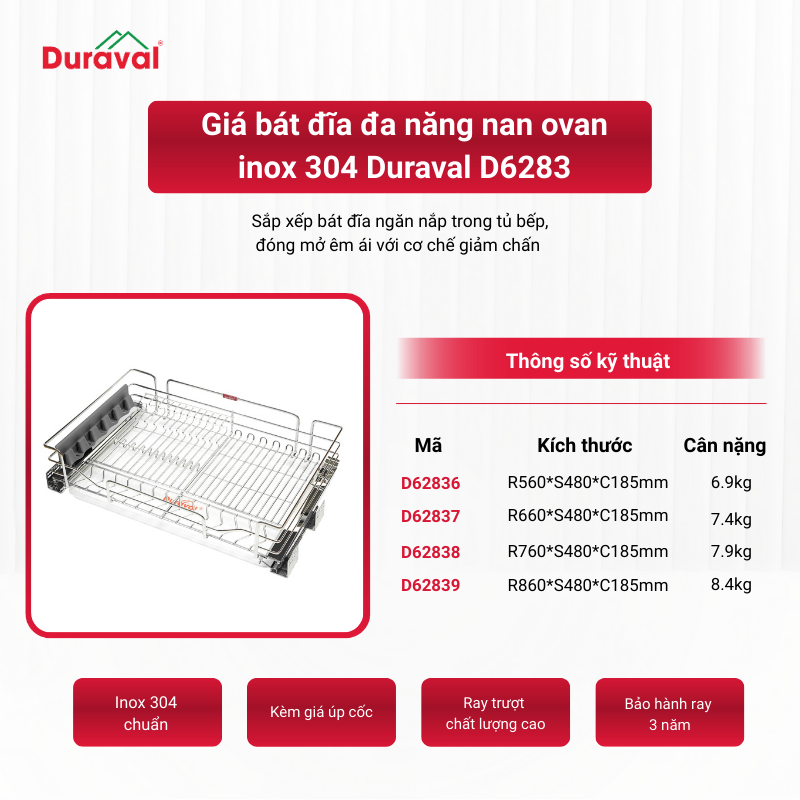 Giá bát đĩa đa năng nan oval inox 304 Duraval D6283